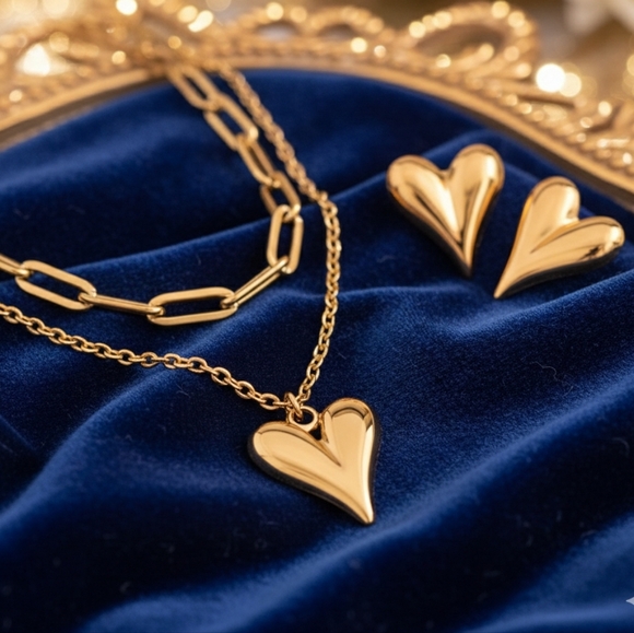 🆕️Radiant 18K Gold Plated Layered Necklace with Heart Pendant Stud Earrings Set - Picture 1 of 12
